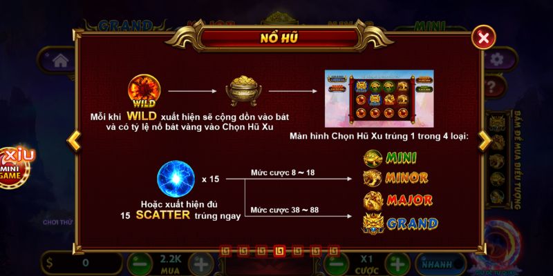 Wild xuất hiện sẽ cộng dồn vào bát vàng tăng tỷ lệ nổ bát chọn hũ xu